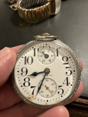 Elgin Pocket Watch Train Engraved Case Double Sunk White Dial Subdials