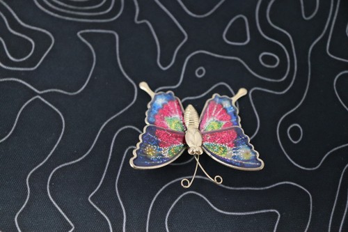 Butterfly Brooch Pin Vtg Multicolor Enamel Sparkly Glitter Gold Tone - Picture 7 of 9