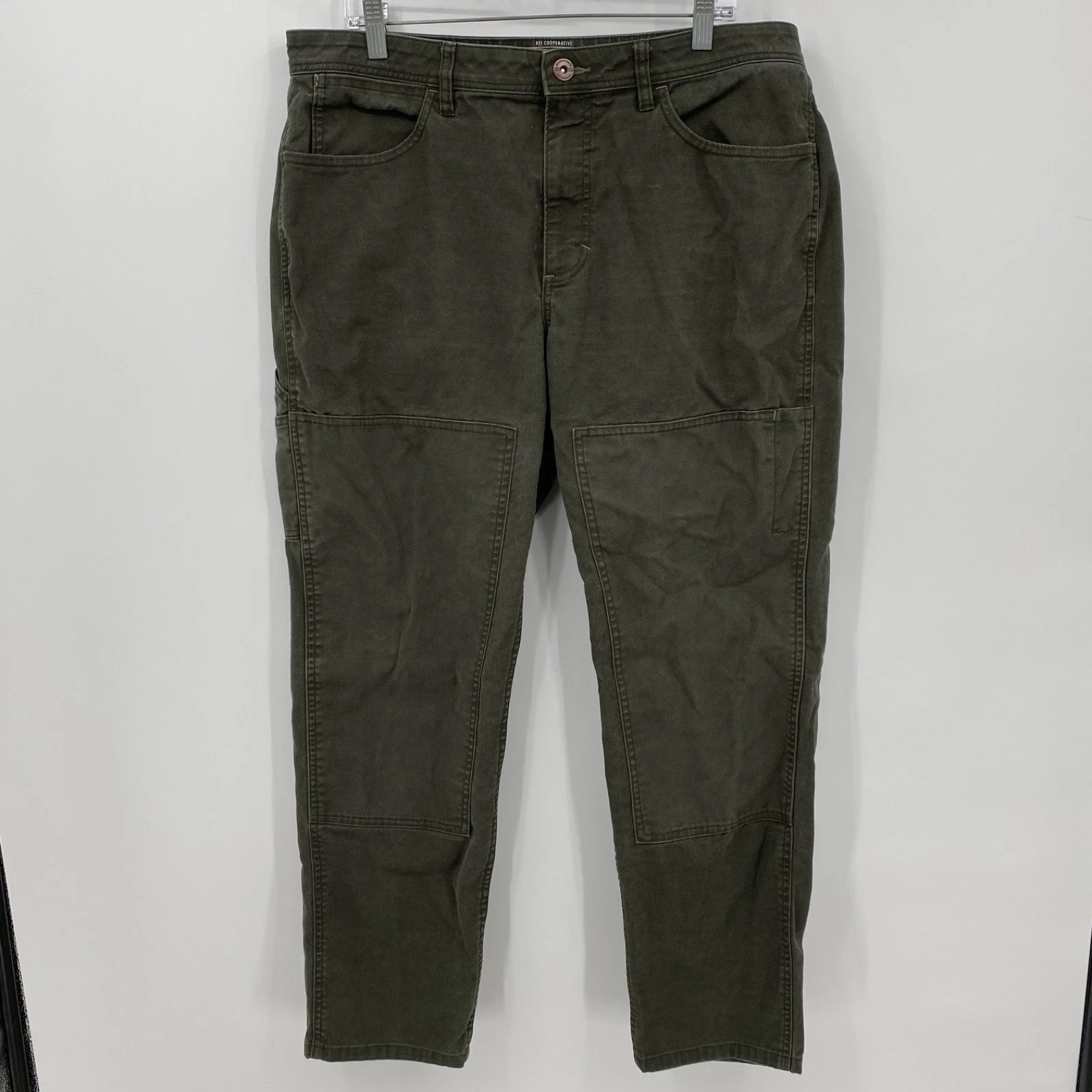 REI Co-Op Pants Double Knee Outdoors Pockets Solid Green Size 38x32 Mens