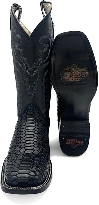 Genuine Leather Exotic Python Print Square Toe Cowboy Western Boots - Black - Image 4 of 4