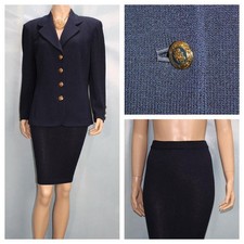 ST JOHN Basics Knit Navy Blue Jacket Skirt L 12 14 2pc Suit Logo Buttons Classic