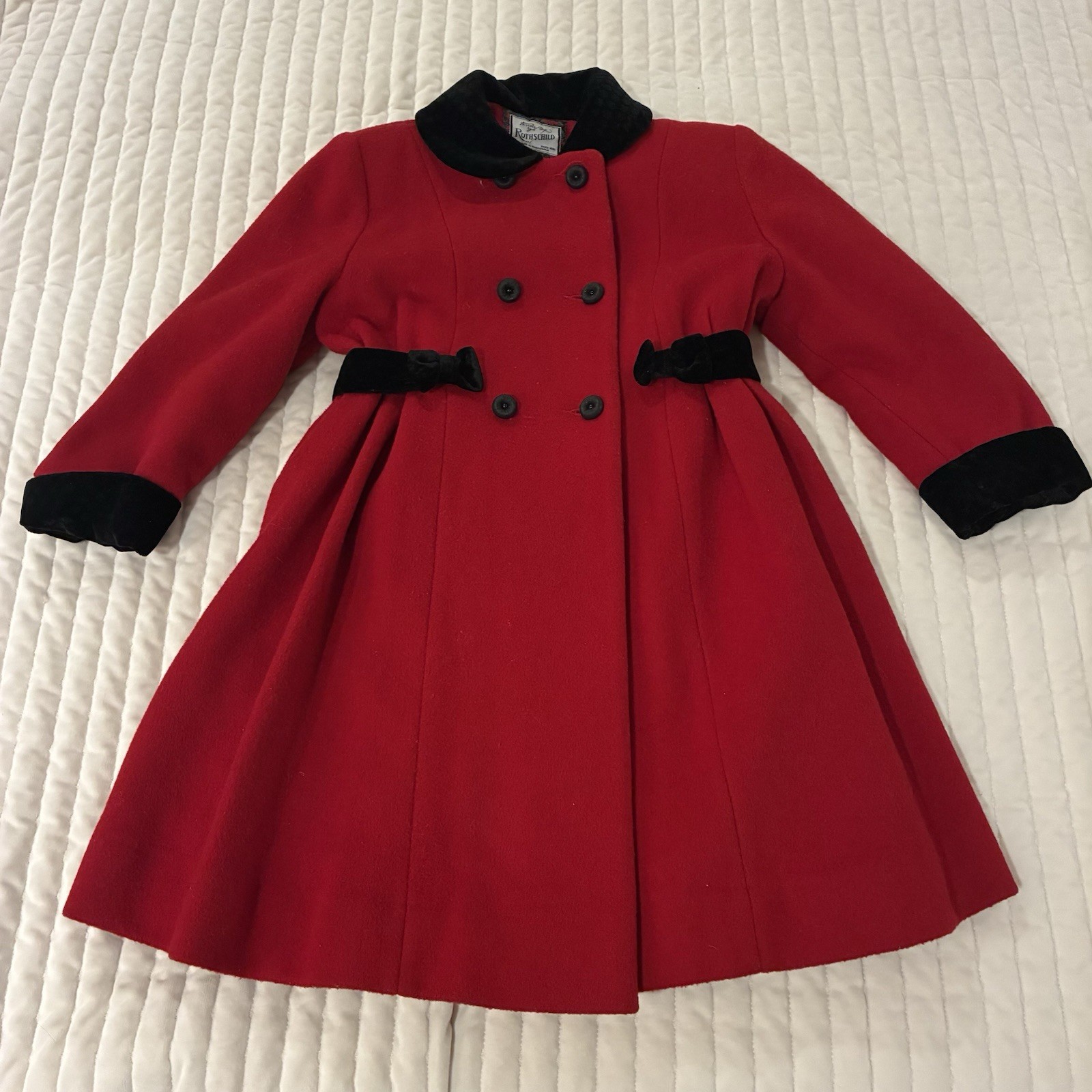 Rothschild Vintage 90s Girls Red Wool Overcoat Size 5 Black Velvet Bow Detail