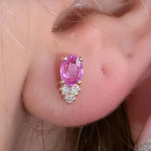 Lab Created Pink Ruby 2Ct Oval Cut Women's Stud Earring 14K Yellow Gold Plated - Image 2 of 3