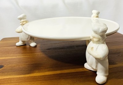 Vtg Chef Figures Holding Cake Stand Plate Dessert Pastry White Ceramic Dept 56