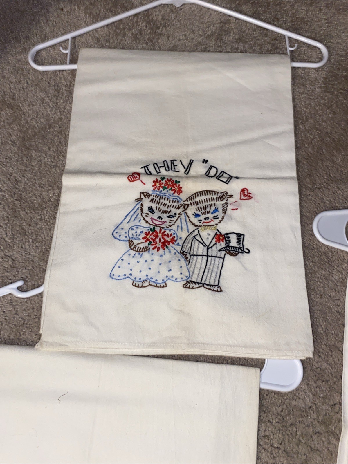 Vintage Hand Embroidered Kitchen Tea Towels Flour Sack Kitschy Kitty Cat Couple thumbnail 6