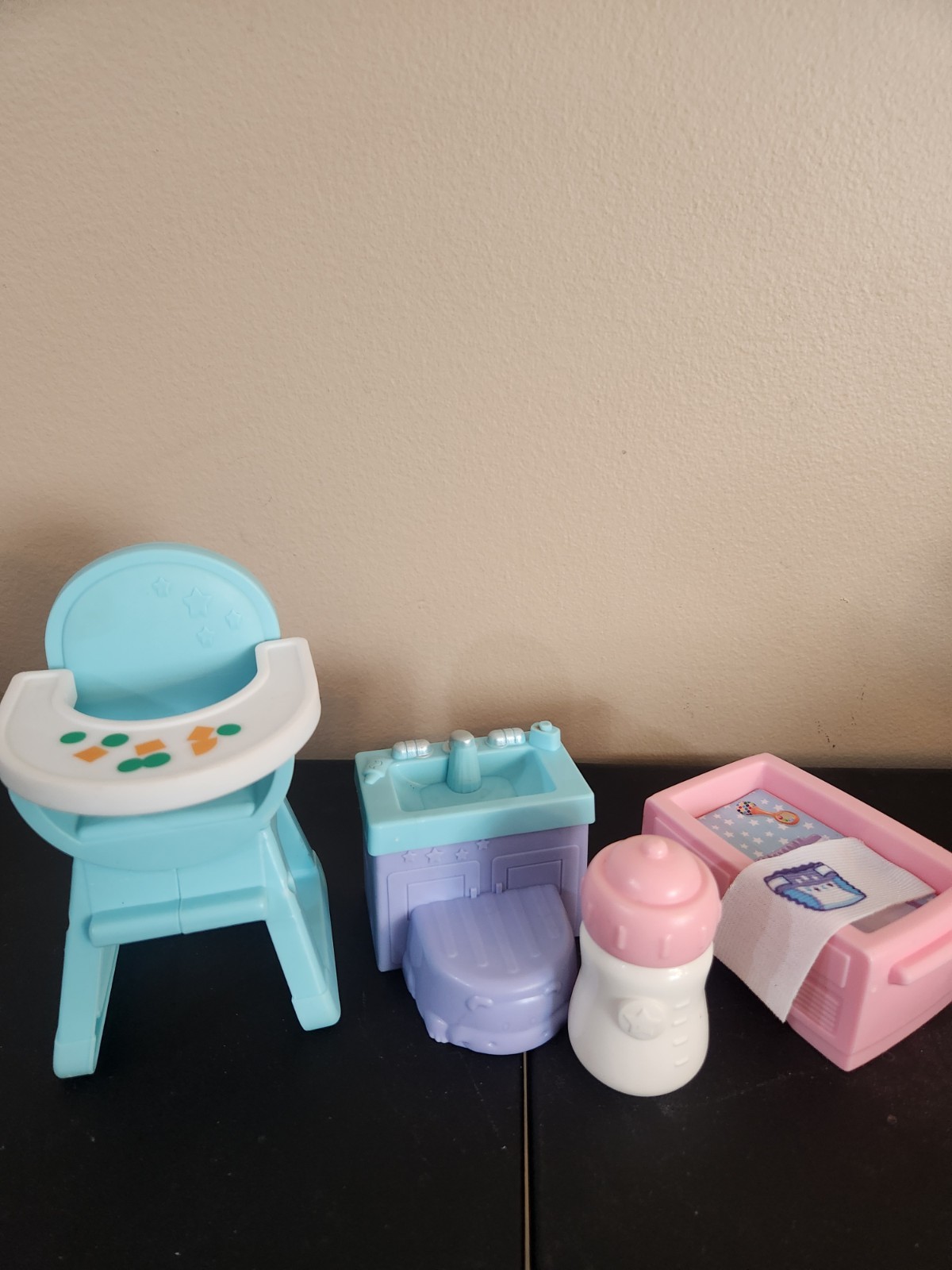 Set Of 4 Fisher Price Little People Baby Accessories Bottle, High Chair, Sink