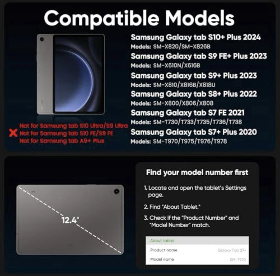 doqo 保护壳 适用于三星 Galaxy Tab S10+ Plus/S9+/S9 FE+/S8+/S7+/S7 FE 键盘... — 第 4/4 张图片