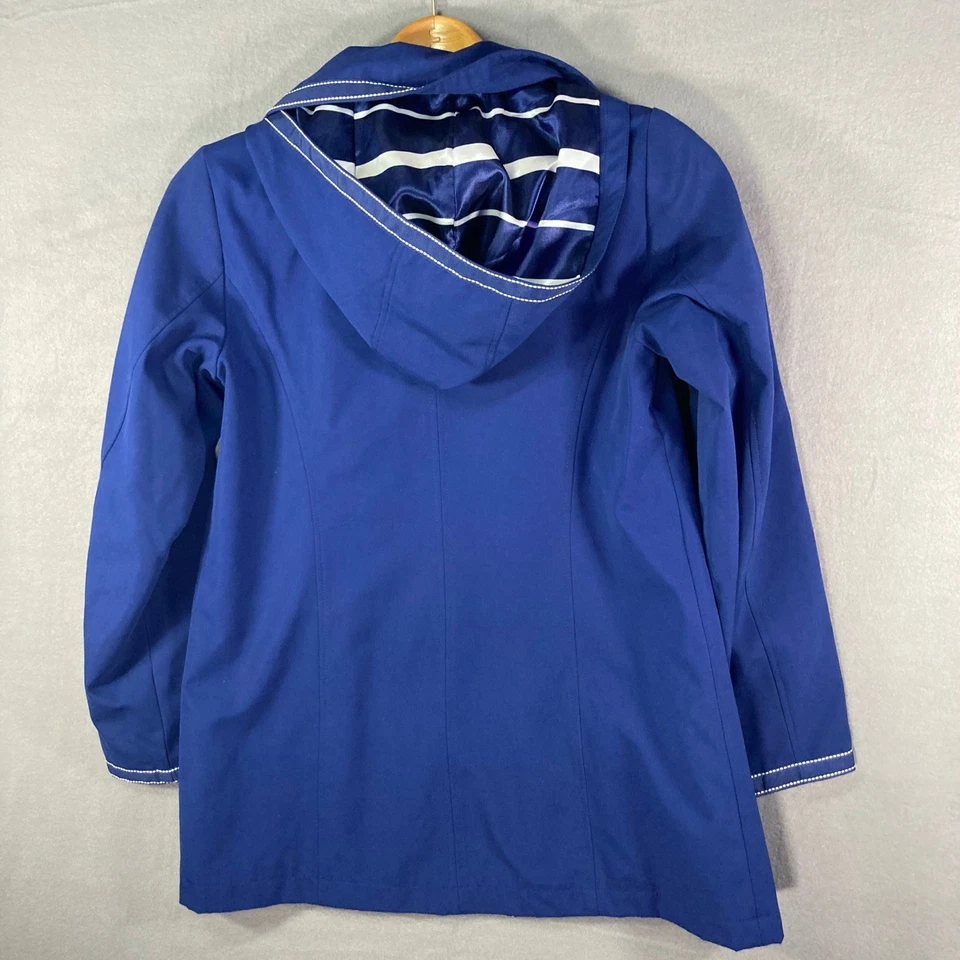 Dennis Basso Raincoat XS Blue White Stripe Lined Hooded Jacket Womens - Image 3 of 4