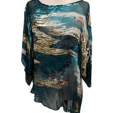 Citron Santa Monica Womens Abstract Silk Blend Kimono Blouse Blue Green Size M/L