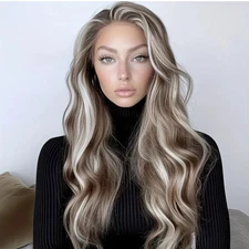  28-Inch Brown Highlight Wig with Water Ripples - Lace Front, Soft Natural