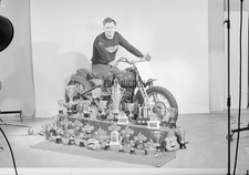 Harley Davidson W - WR- WR - WRTT 1940s motorcycle trophies press photo