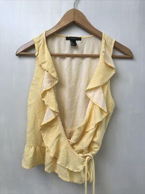 Forever 21 Womens Sleeveless Wrap Top Blouse Yellow and White
