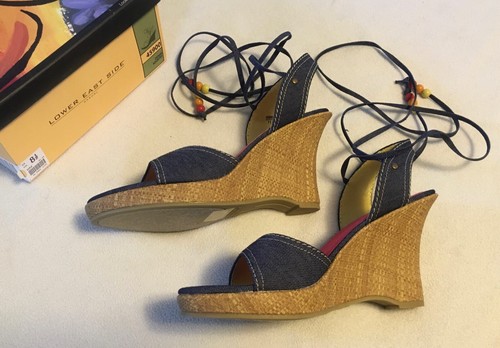 Fioni Blue Denim Ankle Laced Peep Toe Wedge Heel Sandals Size 8.5 - Picture 6 of 9