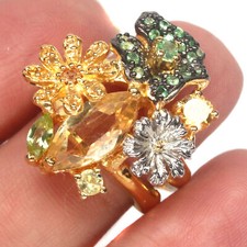 Anillo Floral Oro Citrino Tsavorita Peridoto Zafiro Plata de Ley 925