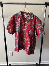 VINTAGE Paradise Found Hawaiian Shirt XL Red Magnum PI Floral Parrots