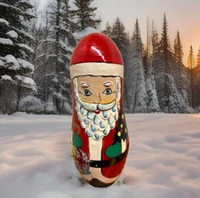 Nesting Dolls Christmas Santa Claus 5 Piece Set Hand Painted Wooden 6" Vintage