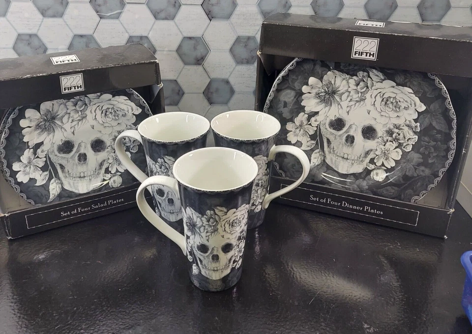 222 Fifth Marbella Skull set Dinner & Salad Plates 3 Mugs NEW - Image 2 of 4
