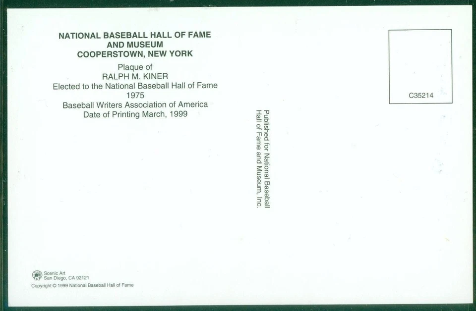 065, Original Autograph of Ralph Kiner (3), HOF Plaque Postcard, Pirates - Image 2 of 3