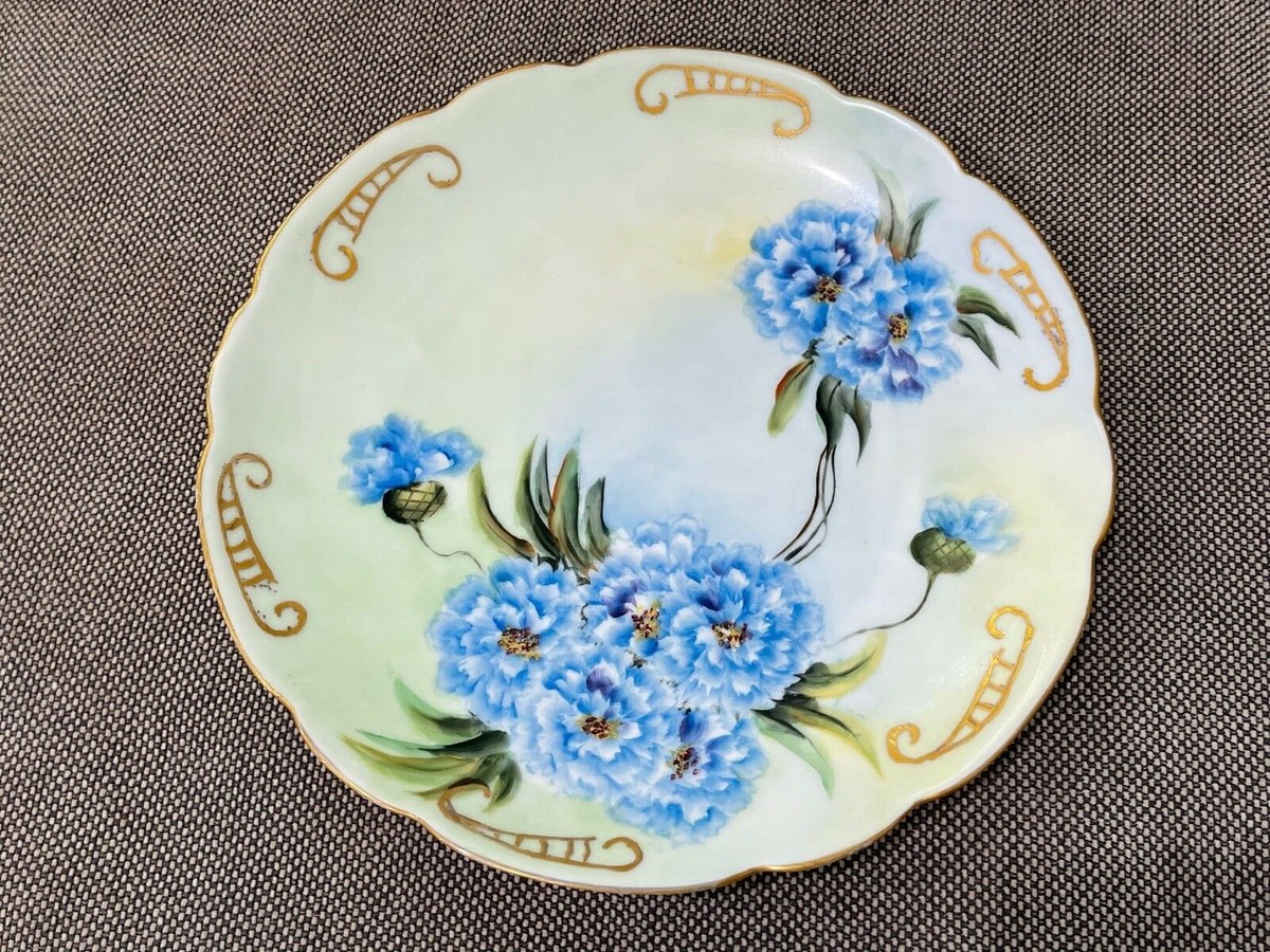 * antique mini plate ❀ ビンテージブルー ボタニカル柄 Vintage Antique Painted Porcelain Plate w/ Blue Flowers & Gold