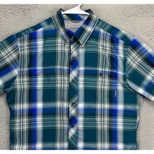 Eddie Bauer Travex Shirt Mens Medium Blue Plaid Nylon Blend Hiking Button Up