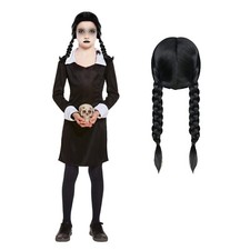 Girls Scary Daughter + Plaites Wig Halloween Costume Fancy Dress Wednesday Party