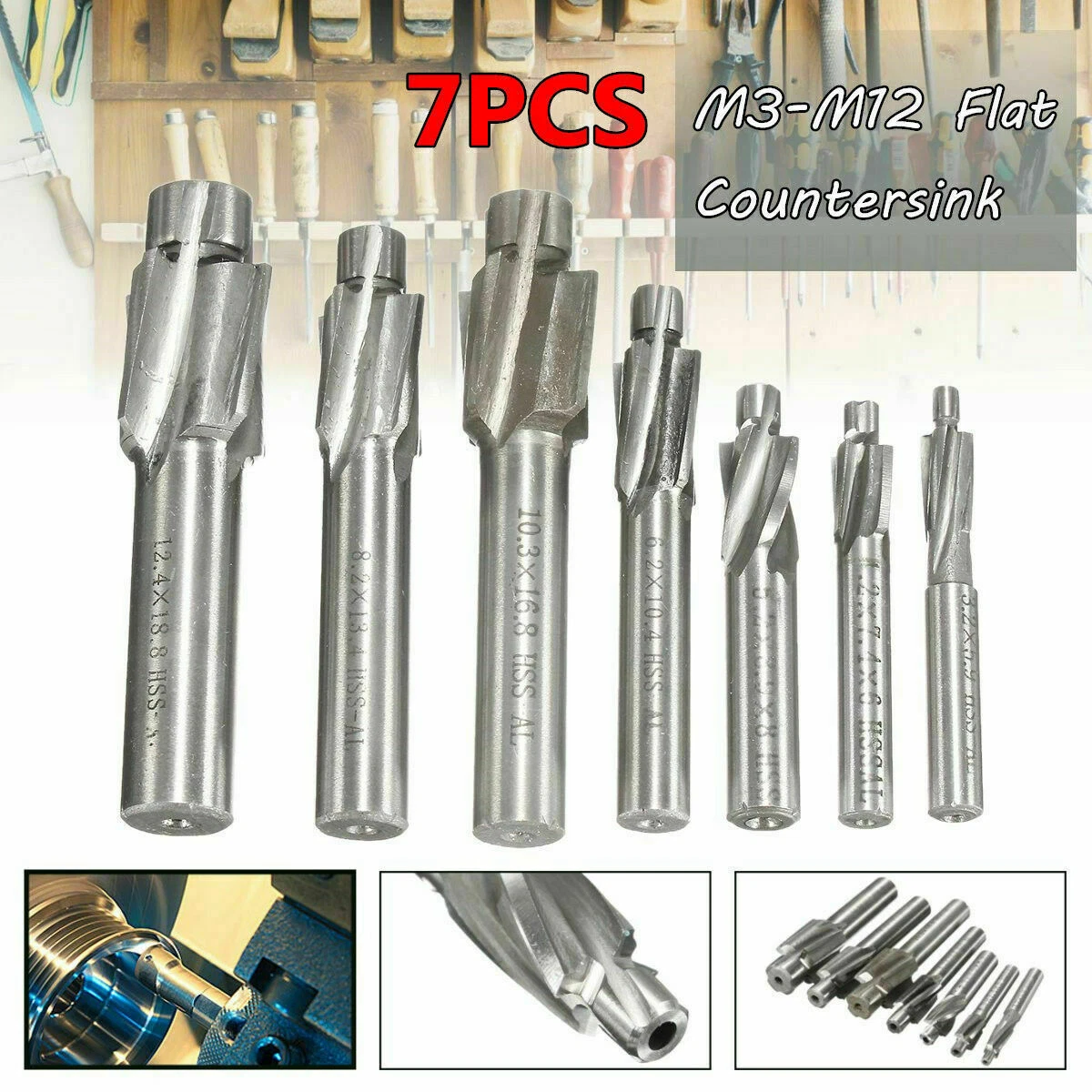 7PCS 4 Flute Flat Countersink HSS End Mill Cutter Slot Drill Bits