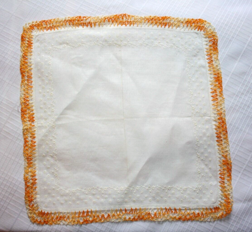 VTG Ladies Hanky Handkerchief Ivory Linen 13.5" Square Orange Crochet Border - Picture 3 of 3