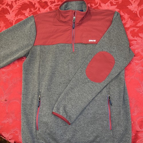 Orvis Padded Quarter Zip Sweater Mens Medium M Elbow Pads Red Gray EUC