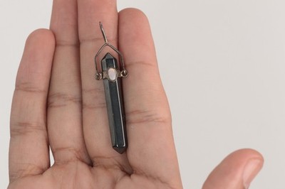 Hexagon Column Hematite pendant with opal oval stone on Silver