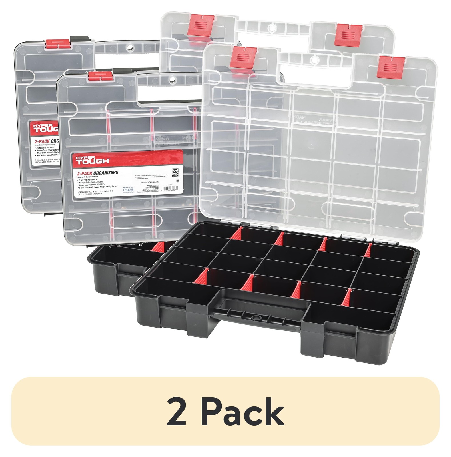 2-Pack Stackable Plastic Organizers with 8 Adjustable Dividers