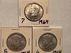 3 lot  Kennedy Half Dollar 1964 Silver 90%  Cooper 10%  Bright Circulated
