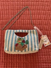   Vegetable  Motif Beaded Purse Made In India Blue/White Striped, NWT