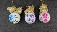 Vintage Set of 3 Porcelain Floral Christmas Ornaments Made In USA Hand Painted