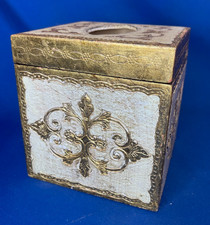 Vintage Florentine Italy Gilded Gold Square Wooden Tissue Box Hollywood Regency