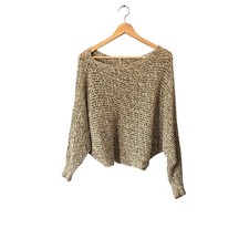 Free People XS Neutral Open Knit Dolman Sleeve Cropped Sweater Cotton Linen