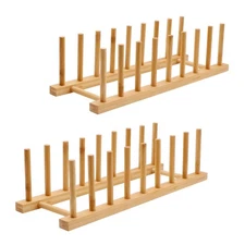2PC Bamboo Wooden Dish Drying Rack, 8-Slot Plate Rack Cabinet Dish Stand Orga...