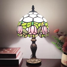 Tiffany Lamp 3-Way Dimmable Table Lamp Pink Tulip Stained Glass Reading Light Sm