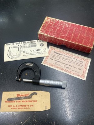 Vintage Starrett Micrometer 436RL-1  1'' with Box, Wrench & Paperwork Please Read