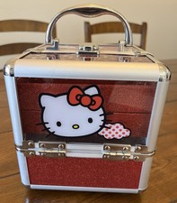 Sanrio Hello Kitty Metal Train Case Red Glitter Makeup Cosmetic Box