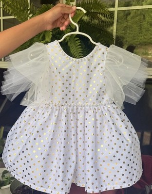 Handmade Girls 12-18M White/Gold Polka Dot Cotton Dress Tulle Bow Pearls