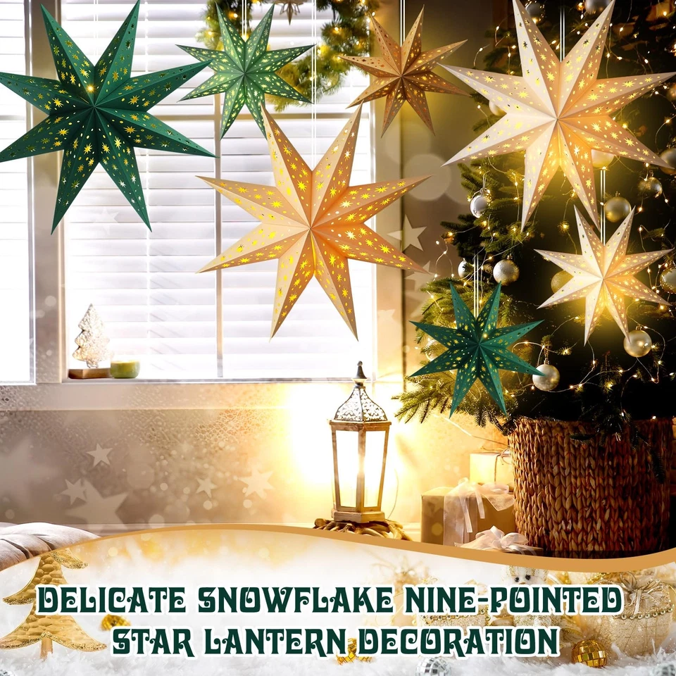 12 Pcs Christmas Paper Star Lantern 8 Points Sage Green Hanging Ornament 3D N... - Image 2 of 4
