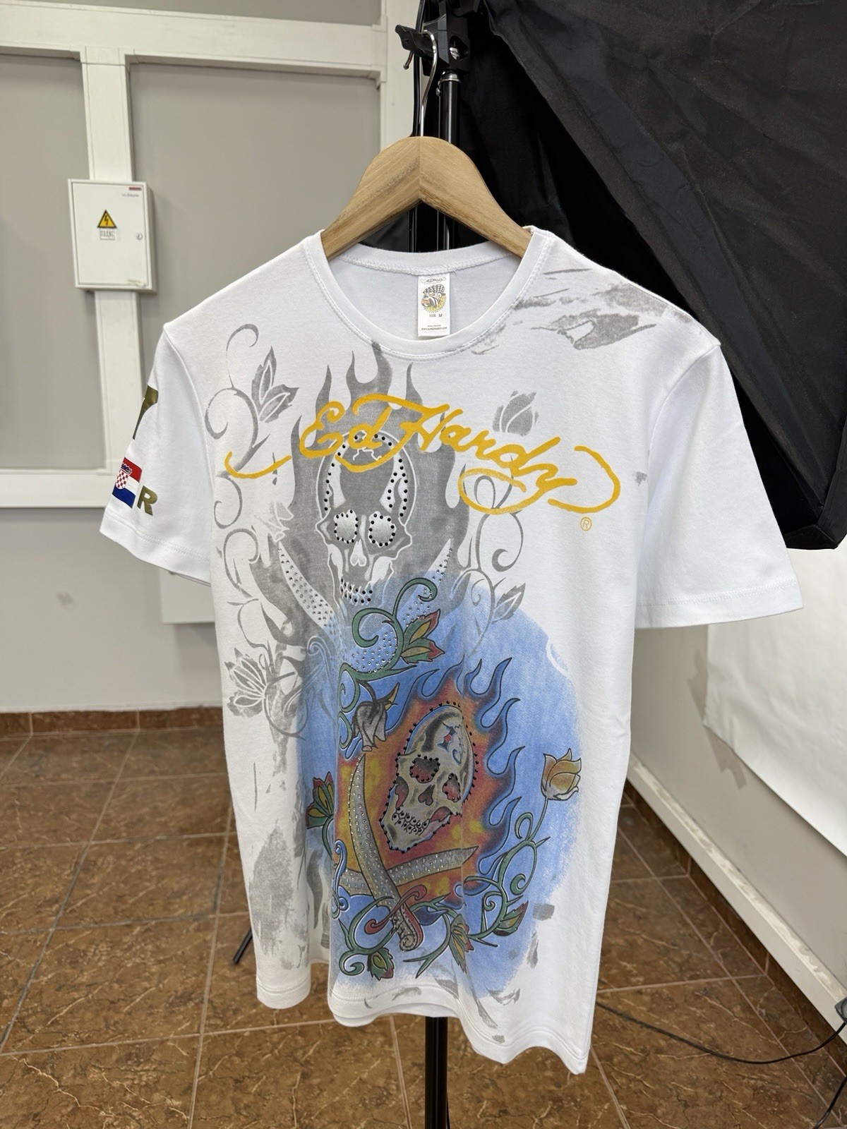 🇺🇸💀 Vintage Ed Hardy Skull Rhinestone Christian Audigier T-Shirt Size M