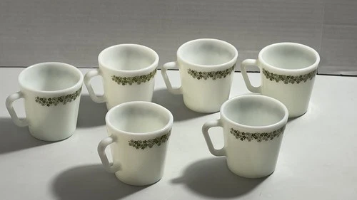 6 Vintage Pyrex Corning Spring Blossom Green Crazy Daisy Coffee Mugs D Handle