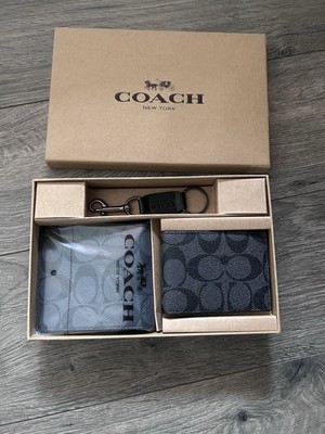  Coach  Men's 3-in-1 Wallet Boxed Gift Set Signature Black/Black Fast Ship  