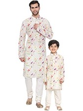 VASTRAMAY Men Cotton Blend Printed Baap Beta Kurta Pyjama Set