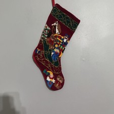 VINTAGE HANDMADE WOOL NEEDLEPOINT CHRISTMAS TREE STOCKING GLASS BEADING - MINT
