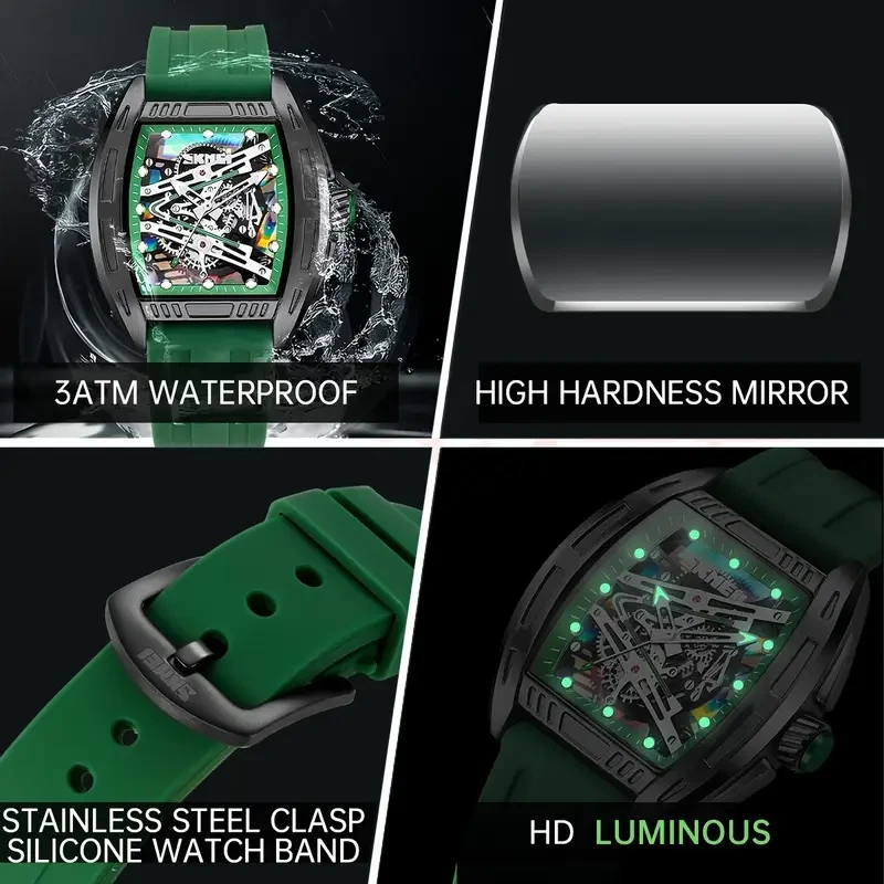 Luxury Green Skeleton Quartz Watch Luminous Barrel Case Silica Strap Men - Image 2 of 4