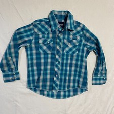 Wrangler Western Shirt Boys Small Blue White Plaid Pearl Snap Front Long Sleeve