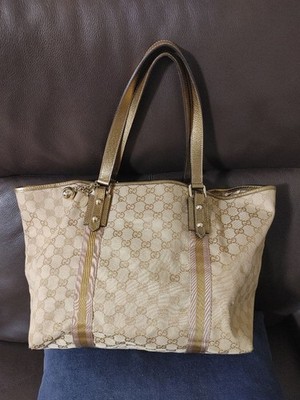 GUCCI GG Pattern Tote Bag, Canvas X Leather, Gold, 137396