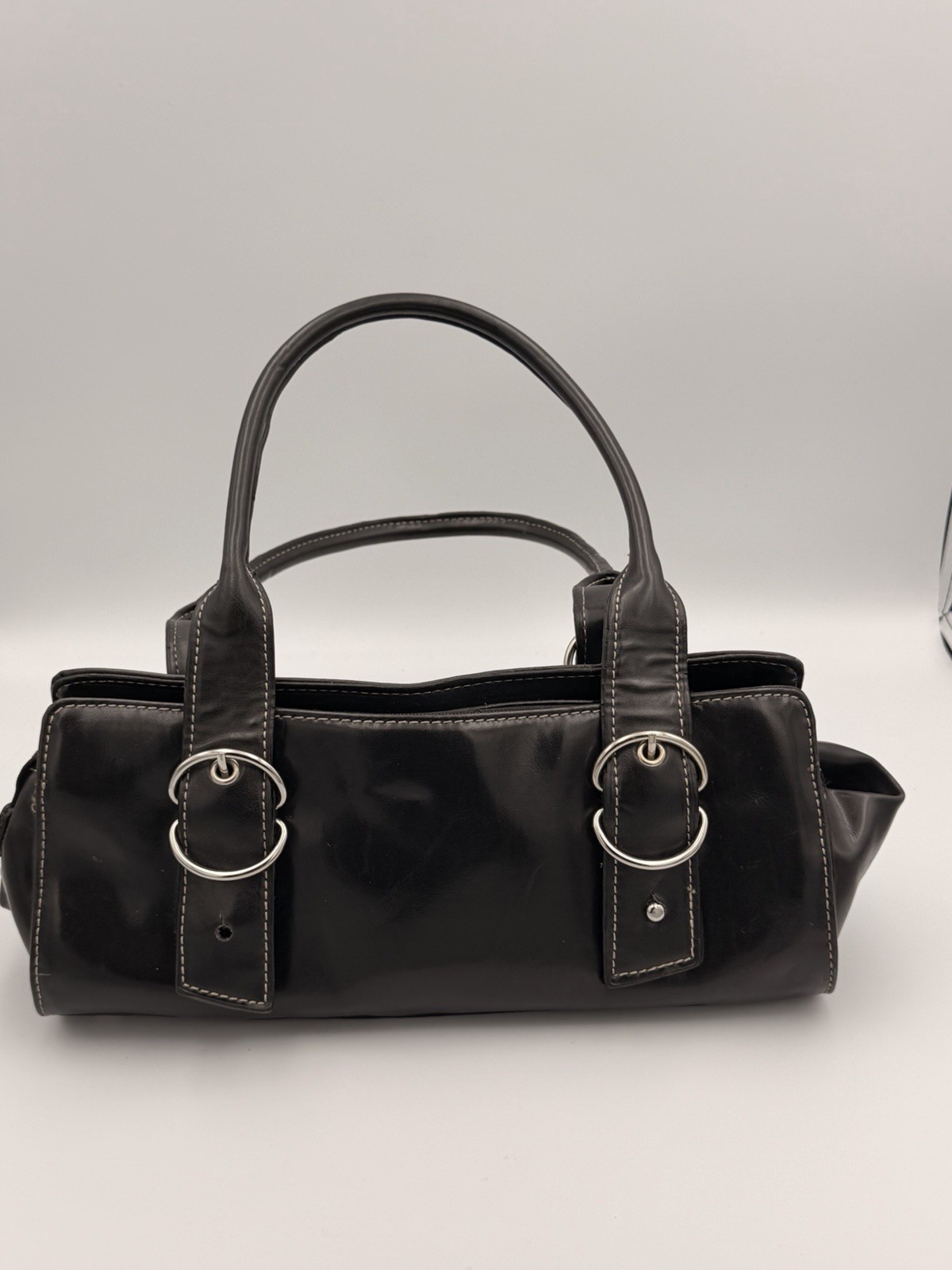 Vintage Apt. 9 Black Patent Satchel Top Handle Bag Buckle Accent Silver Hardware
